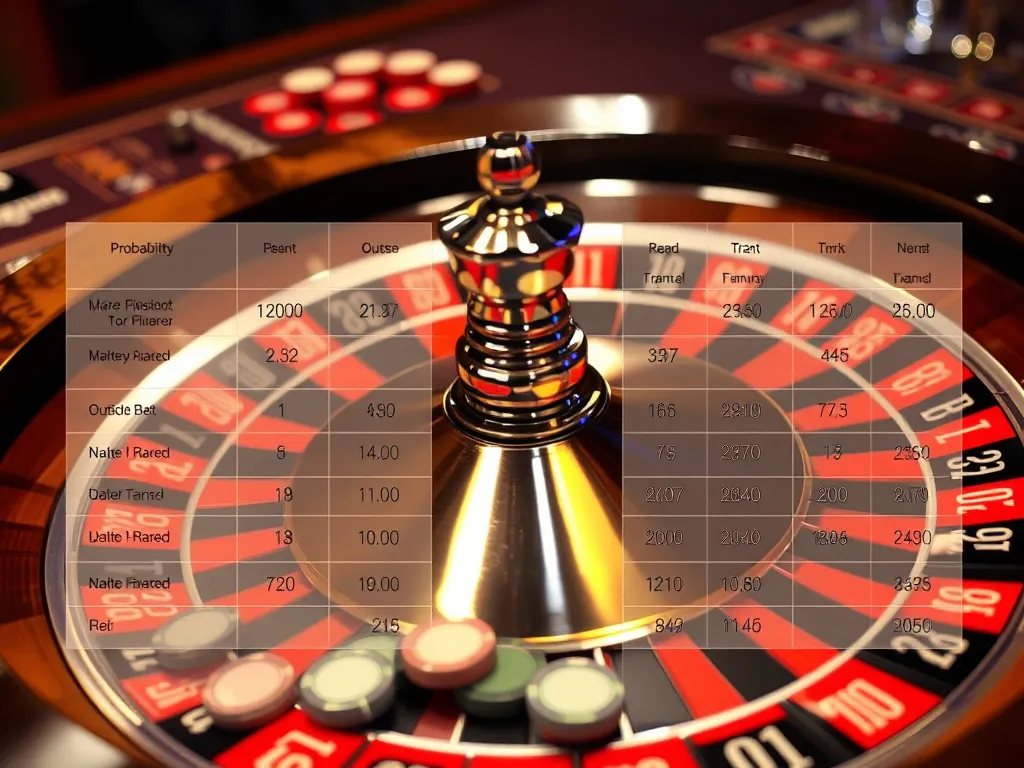 Bàn roulette với chip đặt cược trên các ô số và loại cược ngoài, kèm biểu đồ tỷ lệ trả thưởng trong suốt, minh họa luật chơi roulette và house edge.