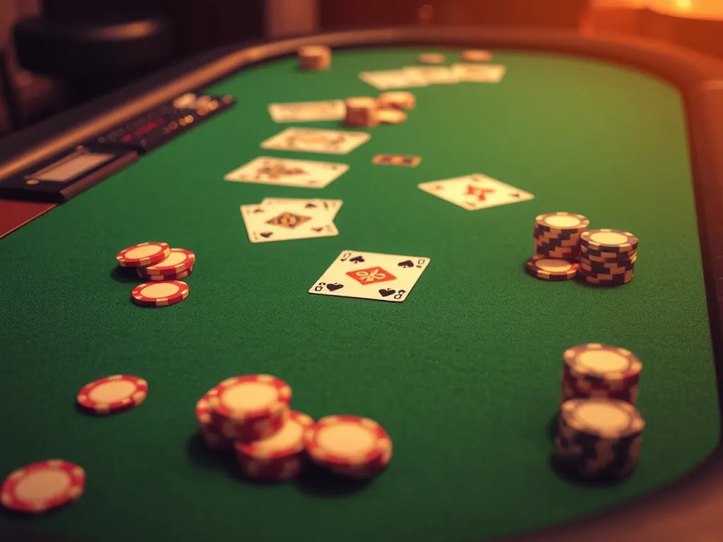 Bàn xanh poker với lá bài Texas Hold'em và chip, ánh sáng ấm, không khí casino chuyên nghiệp minh họa luật chơi poker cơ bản Bàn xanh poker với lá bài Texas Hold'em và chip, ánh sáng ấm, không khí casino chuyên nghiệp minh họa luật chơi poker cơ bản