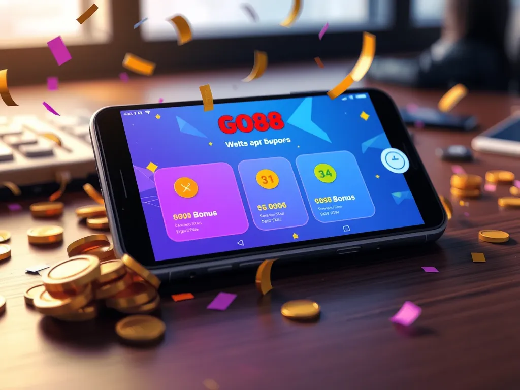 Điện thoại thông minh hiển thị ứng dụng GO88 với ưu đãi khởi nghiệp, xung quanh là giấy confetti và đồng xu vàng trên bàn gỗ hiện đại, minh họa cho phần tải game nổ hũ.