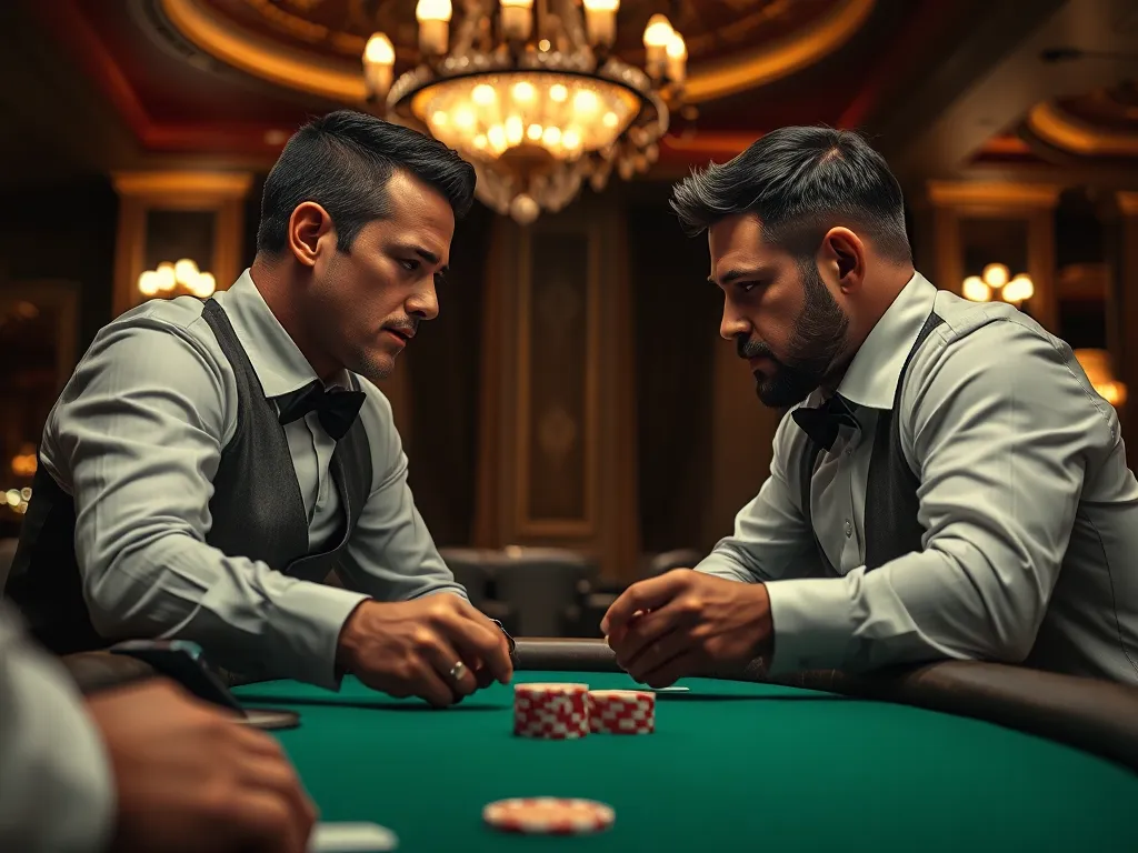 Hai người chơi đang quan sát nhau chặt chẽ trong không gian casino, bàn cược với những viên chip, minh họa cho cách chơi liêng.