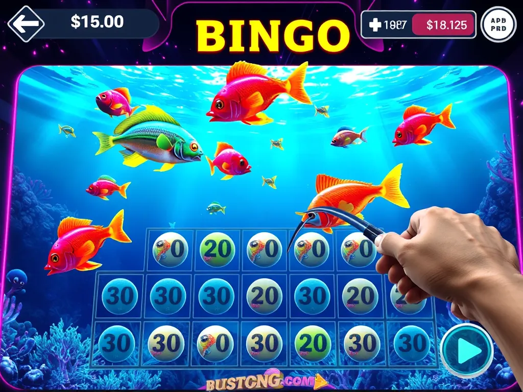 Màn hình trò chơi điện tử hiển thị cá bơi trên lưới bingo, cơ chế kết hợp bắn cá và hoàn thành mẫu hình trong game bắn cá bingo Màn hình trò chơi điện tử hiển thị cá bơi trên lưới bingo, cơ chế kết hợp bắn cá và hoàn thành mẫu hình trong game bắn cá bingo