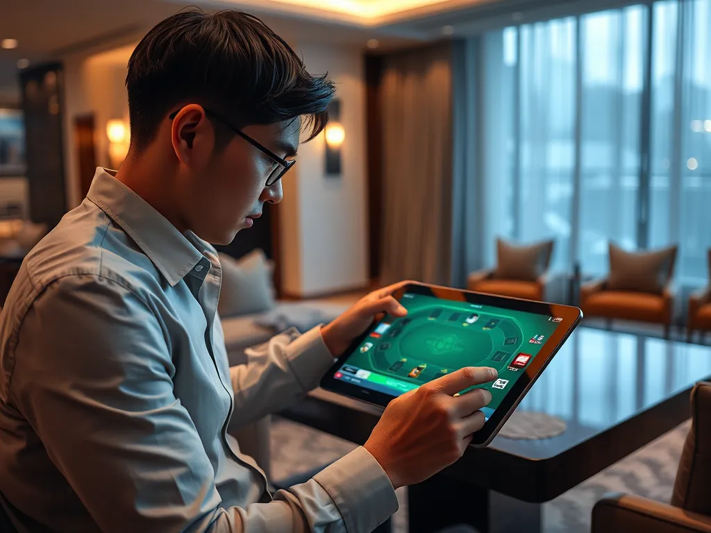 Người chơi đang đánh baccarat trực tuyến trên máy tính bảng hiện đại, bàn cược ảo chân thực trong phòng khách sang trọng tại nhà. Người chơi đang đánh baccarat trực tuyến trên máy tính bảng hiện đại, bàn cược ảo chân thực trong phòng khách sang trọng tại nhà.