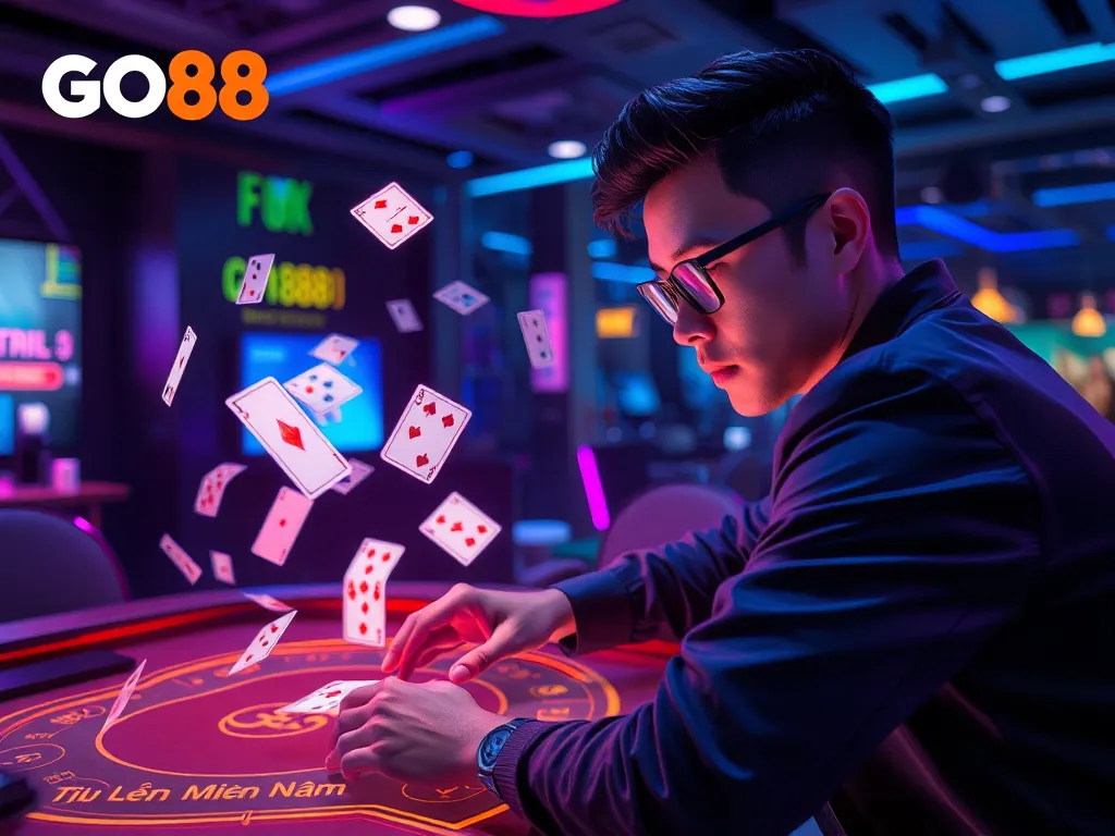 Người chơi tập trung đánh bài tiến lên miền nam trên nền tảng GO88 với giao diện kỹ thuật số hiện đại, ánh sáng neon. Người chơi tập trung đánh bài tiến lên miền nam trên nền tảng GO88 với giao diện kỹ thuật số hiện đại, ánh sáng neon.