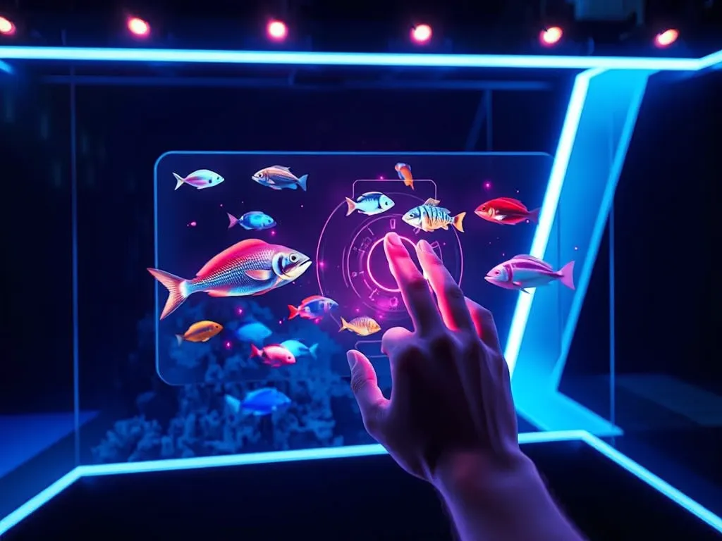 Người chơi tương tác với giao diện game bắn cá online GO88 trên màn hình hologram, cảnh đại dương sáng màu với cá kiểu dáng kỳ lạ, ánh sáng neon xanh. Người chơi tương tác với giao diện game bắn cá online GO88 trên màn hình hologram, cảnh đại dương sáng màu với cá kiểu dáng kỳ lạ, ánh sáng neon xanh.